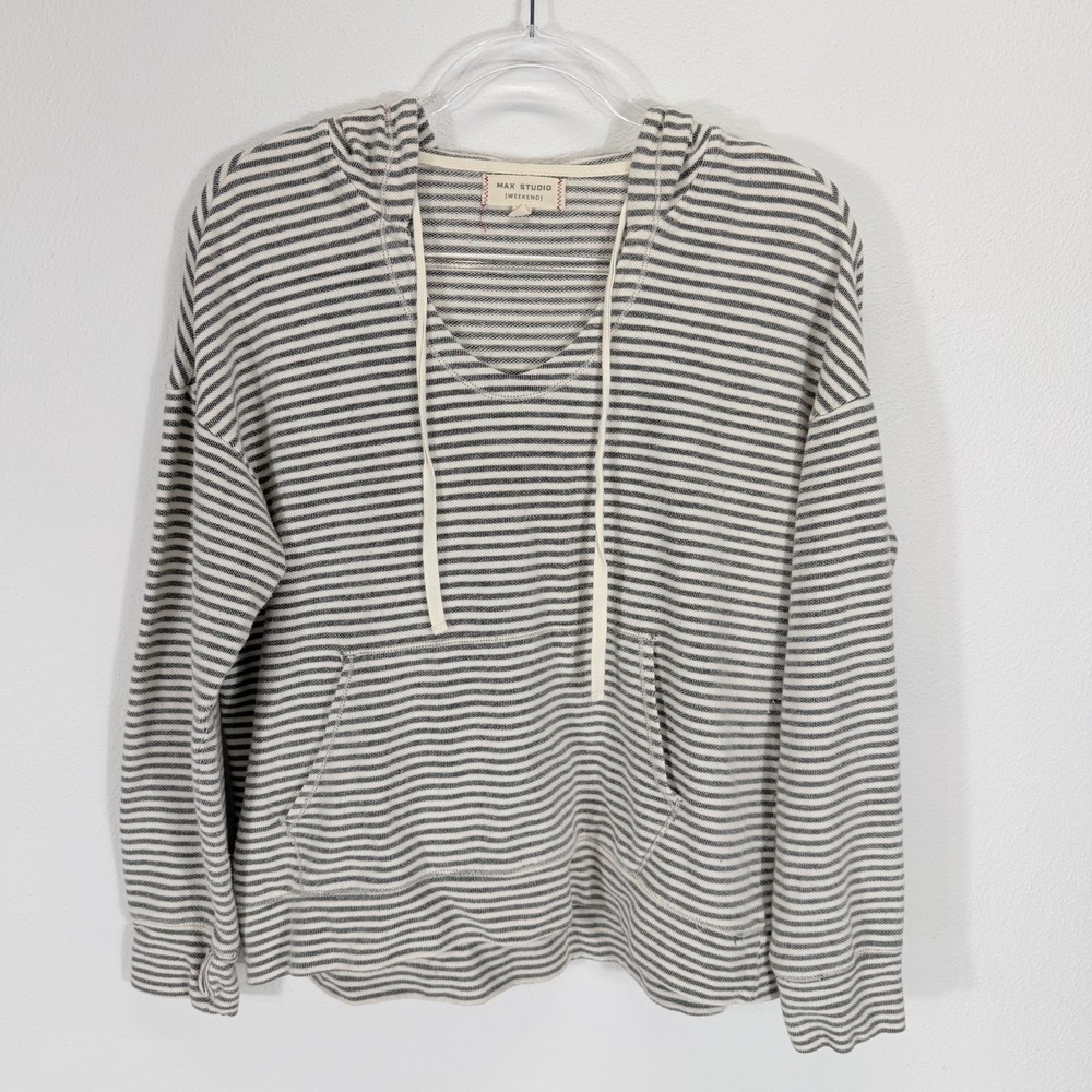 Max Studio Weekend Cotton Hooded Striped Gray White Nautical Sweatshirt Size M